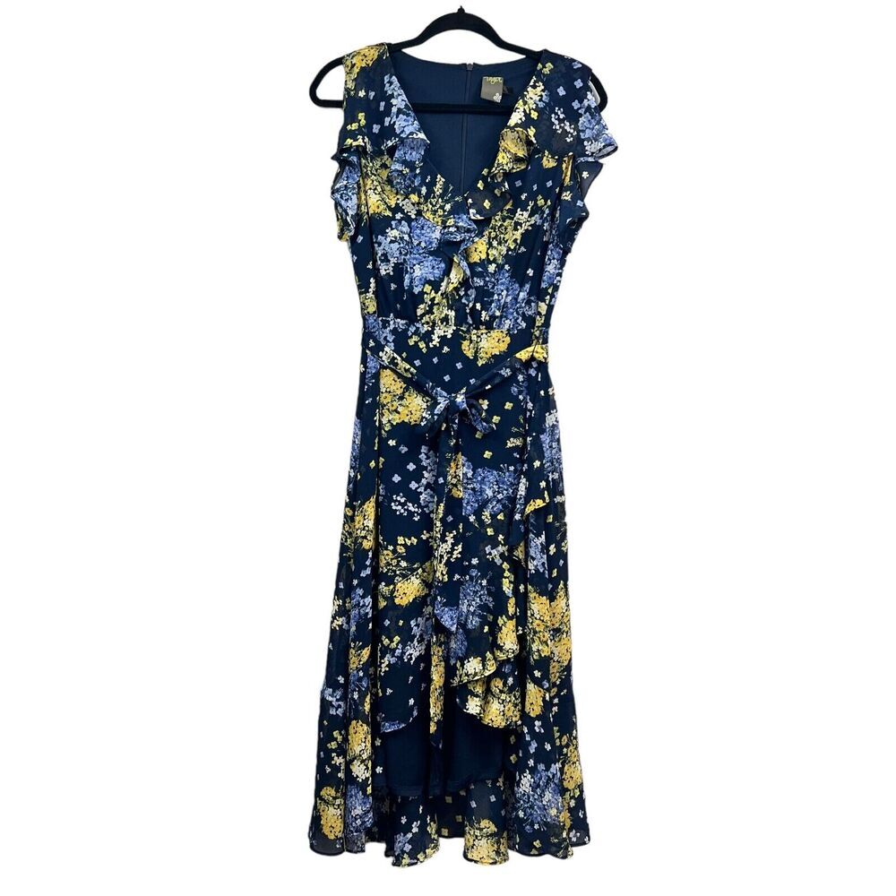 Lord & Taylor Womens Dress Floral Ruffled V Neck Tie Waist High Low Hem Blue 10*